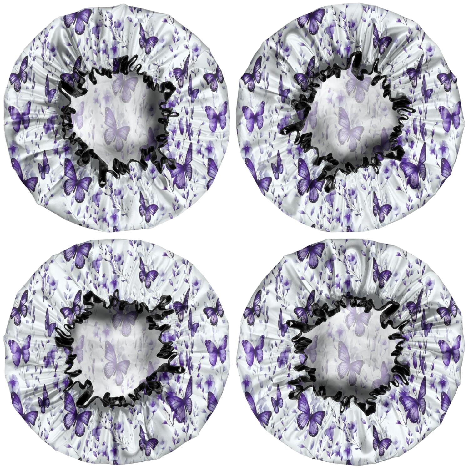 Shower Caps,White Purple Butterfly Plant Pattern Waterproof Shower Cap for Women 4 Pieces,Double Reusable Hair Cover for Shower PEVA Elastic Stretch Hem