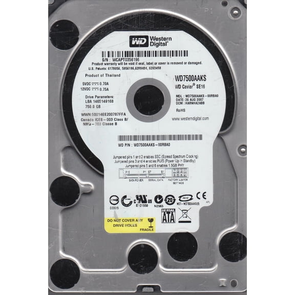 WD7500AAKS-00RBA0, DCM HARNHA2ABB, Western Digital 750GB SATA 3.5 Hard Drive