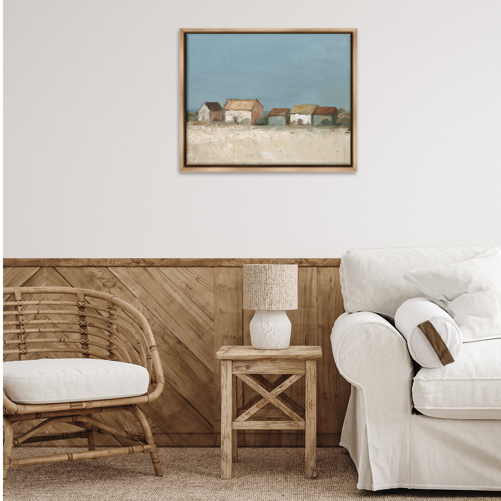 Stupell Industries Distant Town House Landscape & Nature Painting Brown Floater Framed Canvas Art Print Wall Art, 31 x 25