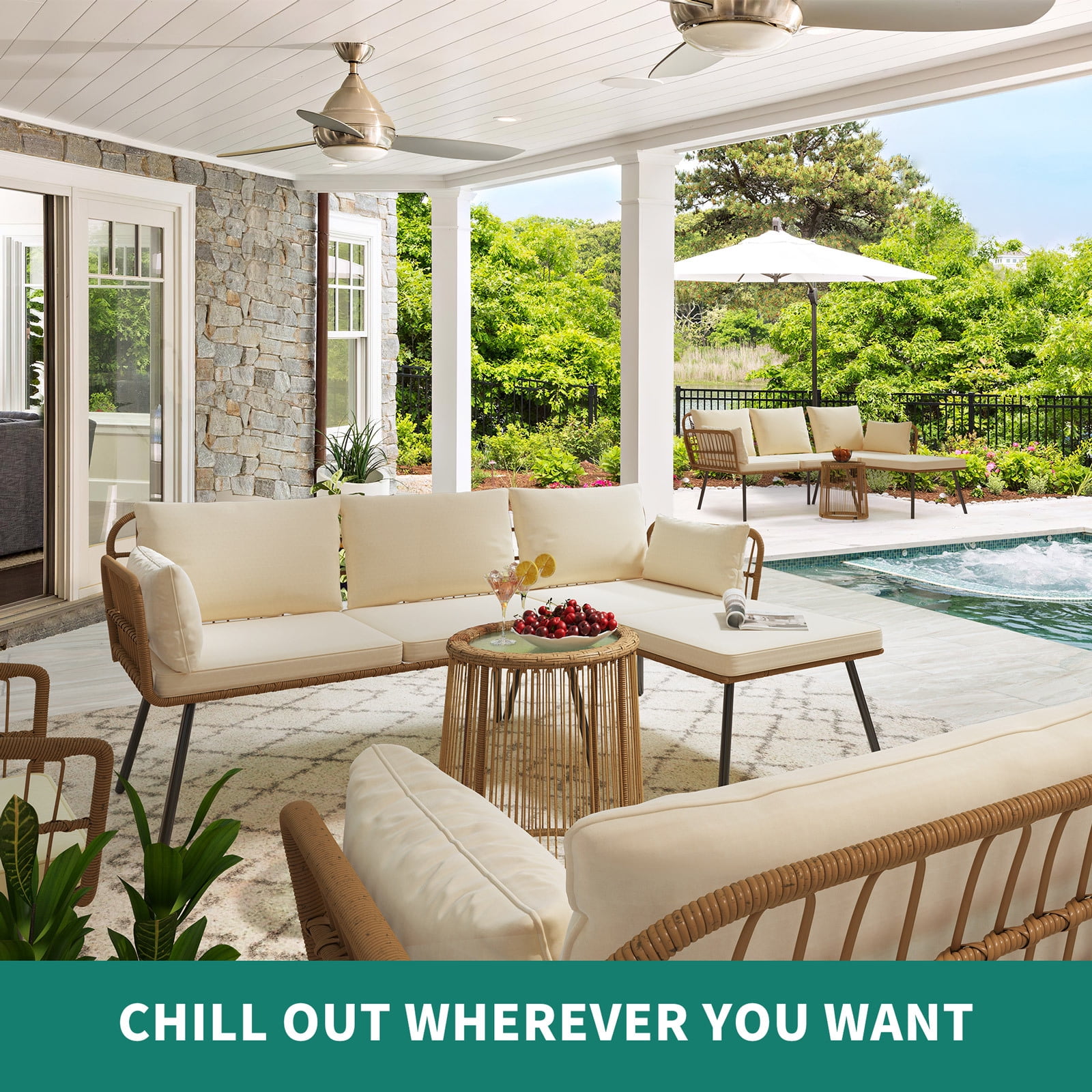 Dextrus L-Shaped Patio Sofa, All-Weather Wicker Boho Patio Conversation Set with Tempered Glass Coffee Table & Cushions, Outdoor Furniture