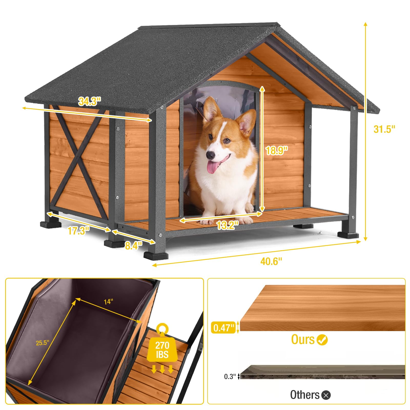 Aivituvin 34.3" Large Outdoor Heated Dog House with Heating Pad & Insulated Liner, Iron Frame Insulated Dog Kennel for Winter, Anti-Chewing