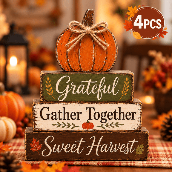 Fall Wooden Tabletop Decor Grateful Pumpkin Block Sign Thanksgiving Harvest Farmhouse Shelf Decoration for Tiered Tray Mantel Table Sweet Harvest