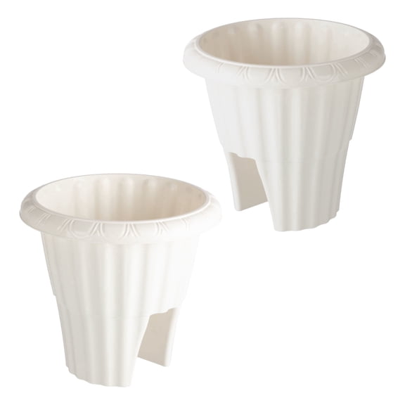 Pure Garden Railing Planter Box 2-Pack - 13.5” Round Outdoor Flower Pots with Drainage Insert, White