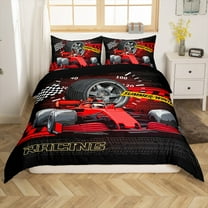 Manfei Red Car 2-Piece Comforter Cover Toddler Size for Boys Girls,Extreme Sport Bedding Sets Toddler Size,Geometric Buffalo Ultra Soft Bed Set,Breathable Automobile Room Decor(No Comforter)