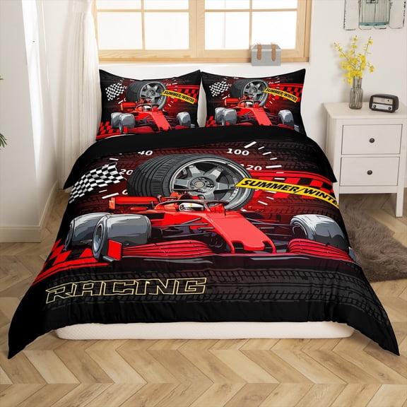 Manfei Red Car 2-Piece Comforter Cover Toddler Size for Boys Girls,Extreme Sport Bedding Sets Toddler Size,Geometric Buffalo Ultra Soft Bed Set,Breathable Automobile Room Decor(No Comforter)