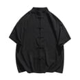 thumbnail image 2 of Shirts for Men Graphic Tees Men's Vintage Blouse Shirt Short Sleeve Stand Collar Knot Button Casual T-Shirt Lightweight Summer Linen Tops Daily Wear Black L, 2 of 4