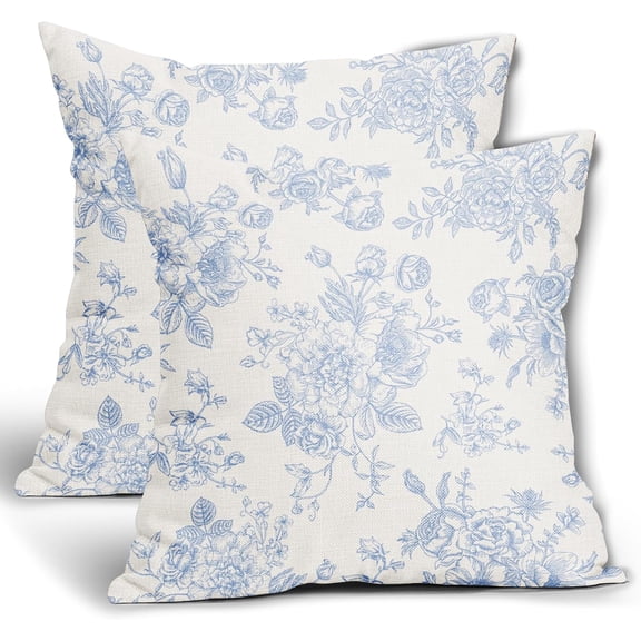 Baby Blue and White Floral Outdoor Pillow Covers 18x18 Set of 2 Vintage Chinoiserie Flowers Decorative Throw Pillows Spring Summer Rustic Farmhouse Cushion Cases Decor for Sofa Couch