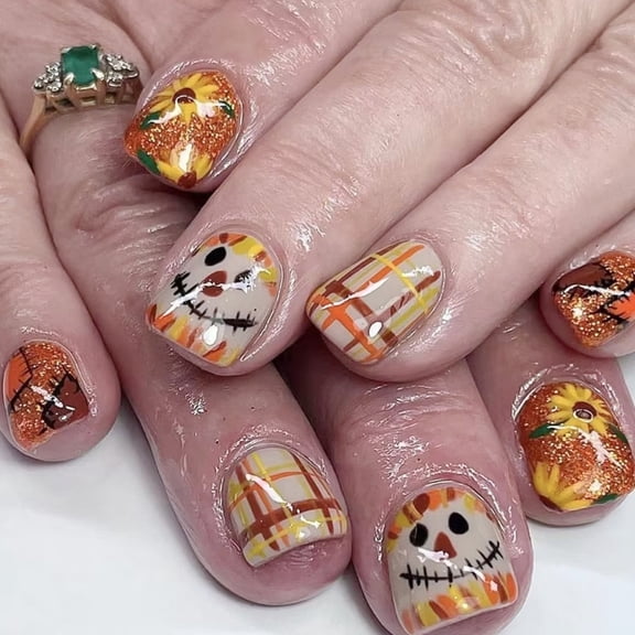 Yiran Short Glossy Petal Glitter Autumn Warm Clown Press On Nails No Tools, 1 Set