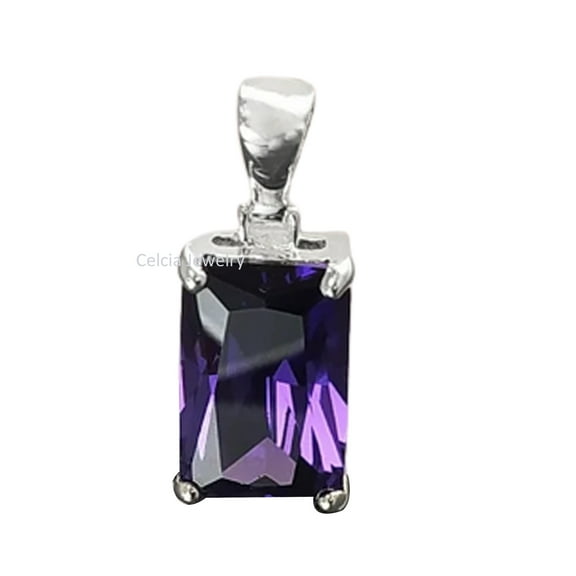 Pure 925 Sterling Silver Pendant For Men Women, Genuine Purple Amethyst Rectangle Gemstone Unique Handcrafted February Birthstone Pendant