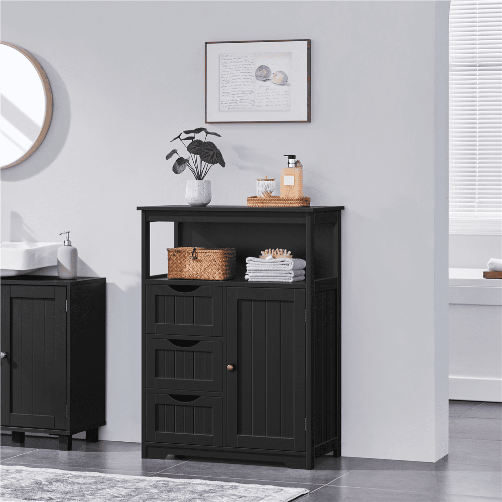 Alden Design 35.5" Height Bathroom Floor Cabinet with 1 Door and 3 Drawers, Black