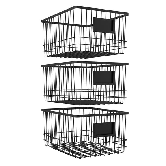 Oceanstar WBH1903 6.1x9.1x12.1 in Metal Wire Organizer Bin Basket with Card Holder, Black - Set of 3