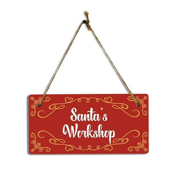 Santa's Workshop 5x10 Hanging Plus Wall or Door Sign | Christmas Festive Holiday Decoration