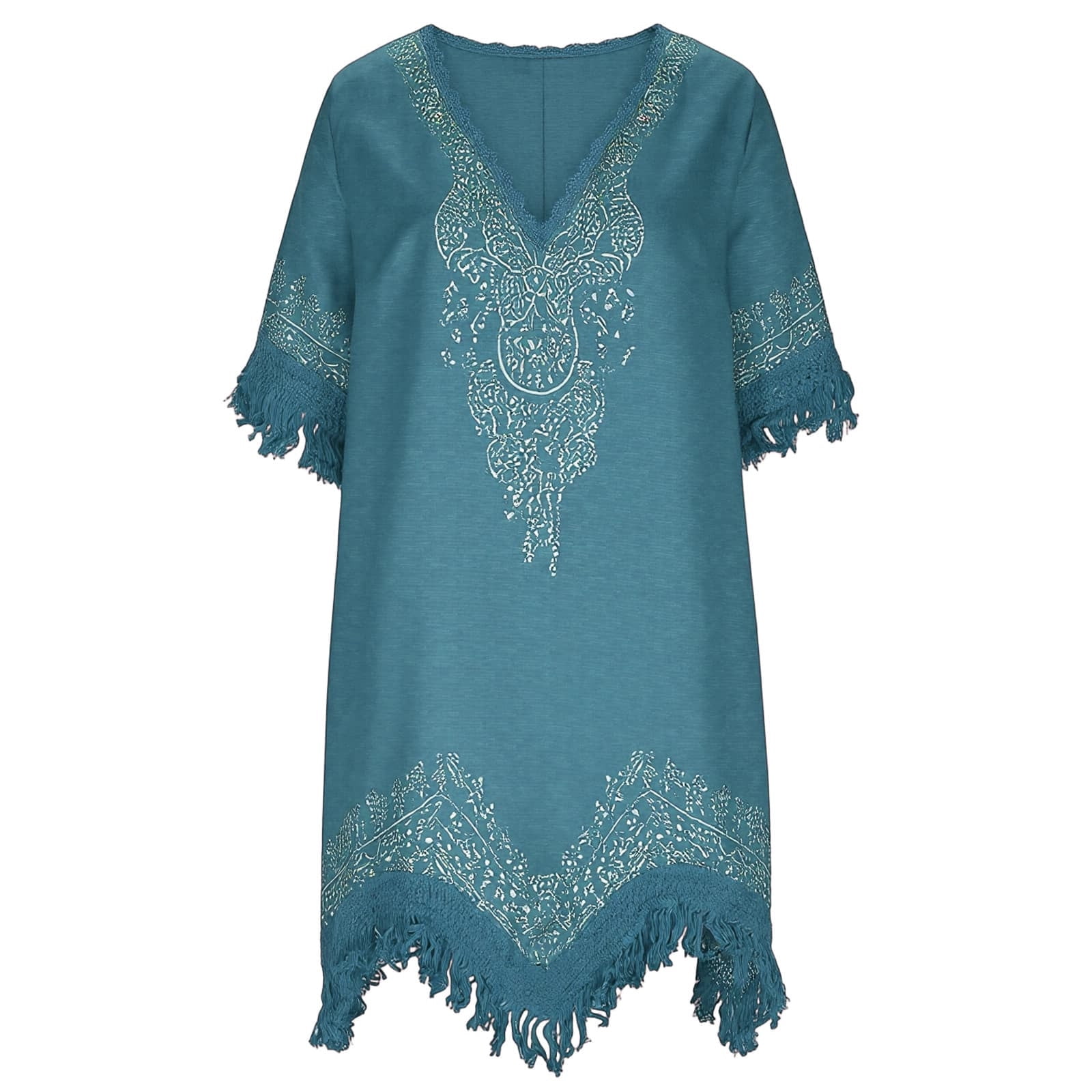Women's Boho Summer Embroidered Linen Mini Dress, Loose V Neck Short Sleeve Casual Beach Coverups Tassels Dresses