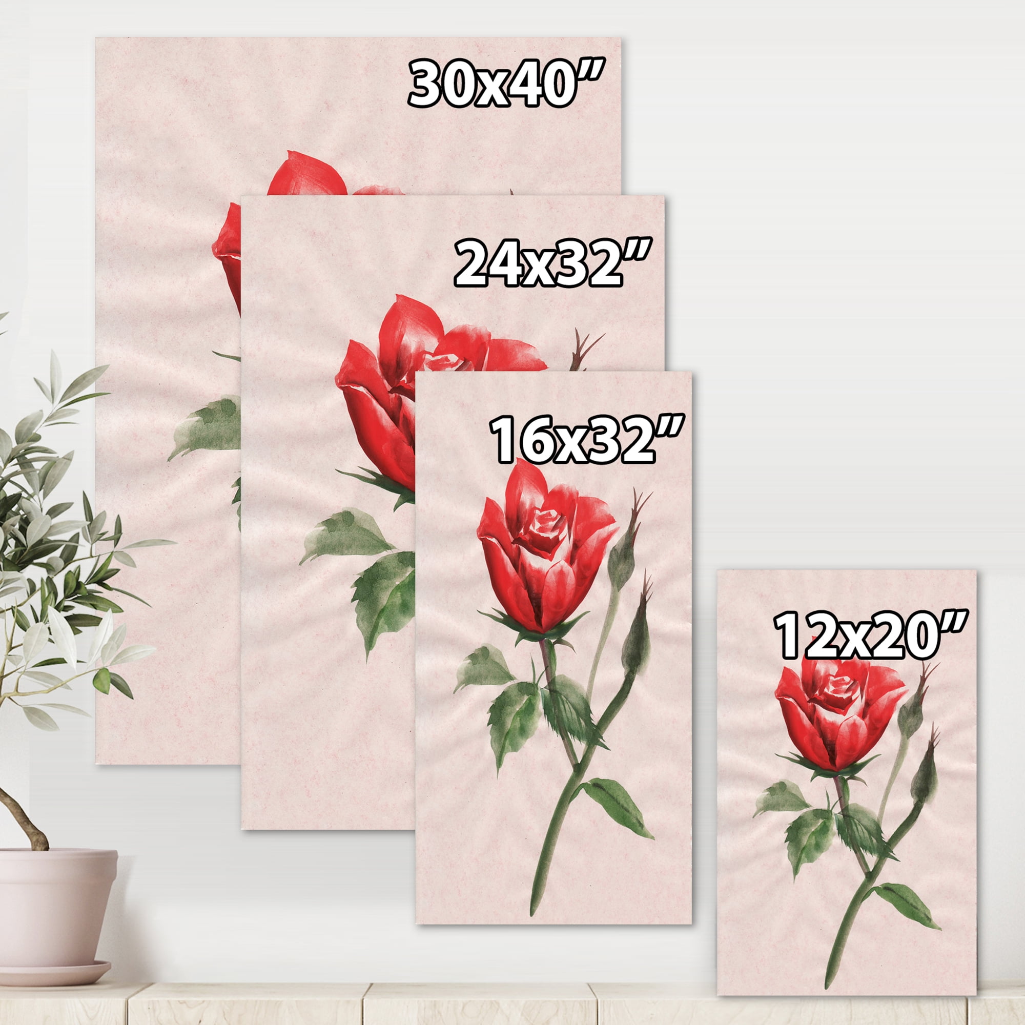 Designart ' Ancient Red Rose Flower II ' Traditional Canvas Wall Art Print