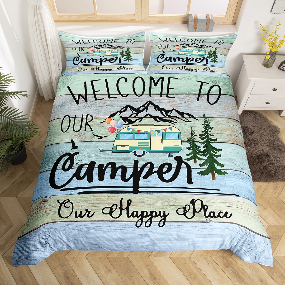 Camper Themed Duvet Cover Queen for Family Boys Girls Happy Camping