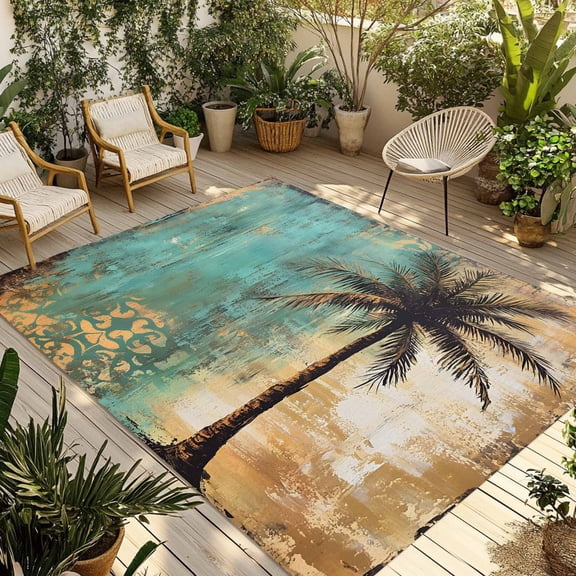 Fsddascl Boho Coastal Beach Outdoor Rug for Patio/Deck/Porch, Non-Slip Large Area Rug 5 x 8 Ft, Summer Vintage Tropical Plant Flower Indoor Outdoor Rugs Washable Area Rugs, Camping Rug Carpet