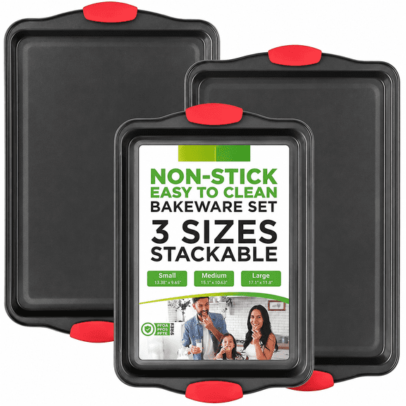 Xuet 3-Piece Nonstick Baking Pans, Oven Safe Cookie Sheets with Red Silicone Handles