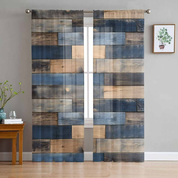 Navy Blue Brown Wood Sheer Curtains 63 Inches Length 2 Panels Set, Window Sheer Curtains for Living Room/Bedroom, Farmhouse Vintage Wooden Light Filtering Rod Pocket Curtain 52'' x 63'' x 2