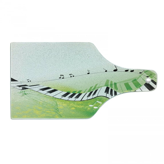 Music Cutting Board, Music Piano Keys Curvy Fingerboard Summertime Entertainment Flourish, Decorative Tempered Glass Cutting and Serving Board, Wine Bottle Shape, Lime Green Black White, by Ambesonne