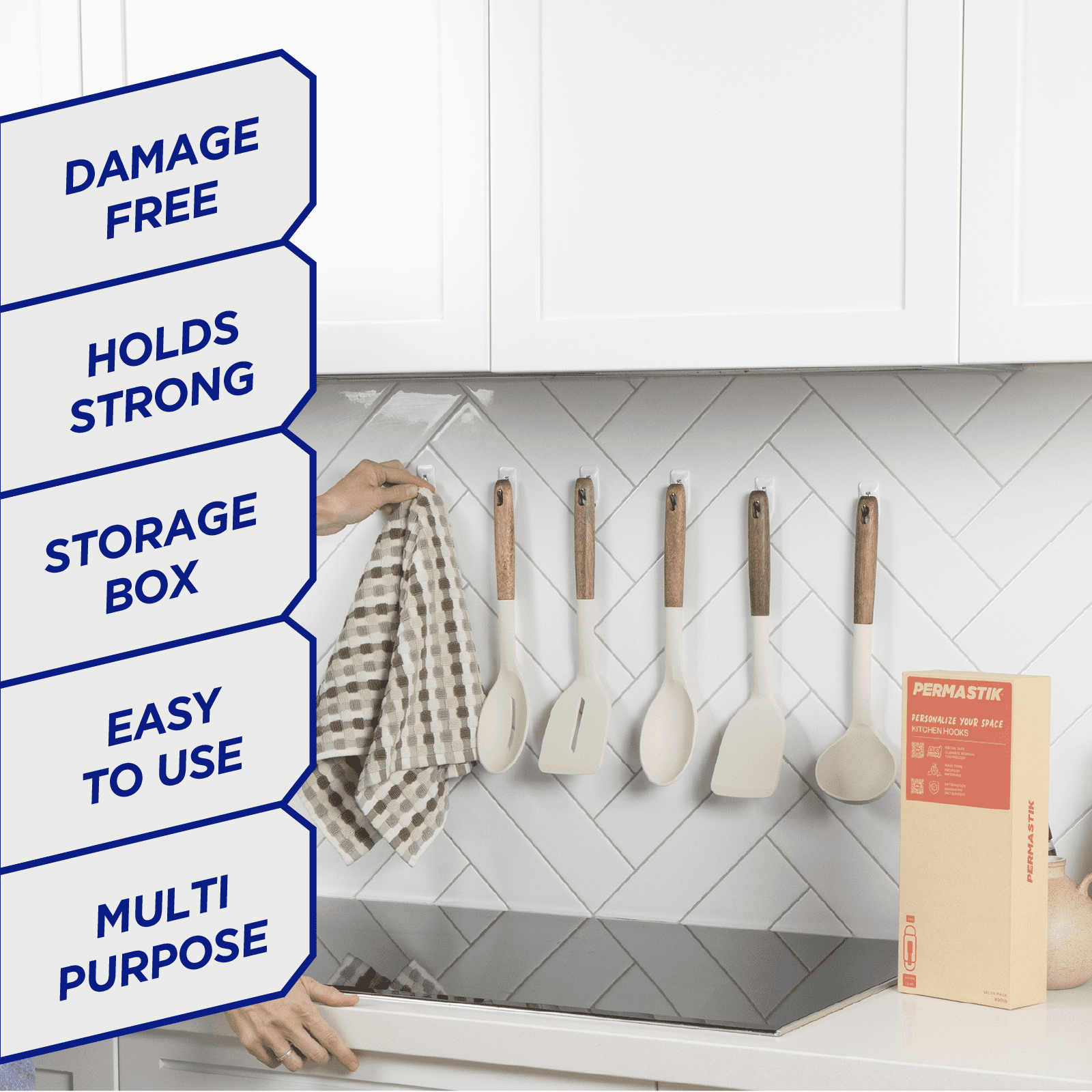 Permastik Damage Free Kitchen Hooks Bulk pack – 10 Small and 5 Medium Adhesive Hooks