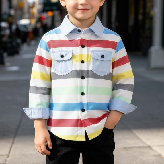 Falkdiz Boys Long Sleeve Shirts Striped Button Up Back to School with Pockets Casual Trendy Tops for Boys Graphic,Multicolor,Size: 2-3