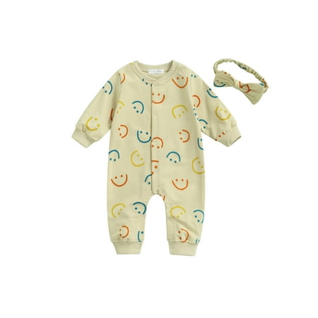 

Livingsenburg Toddler Baby Girls Cartoon Smiley Print Jumpsuit With Headwear Long Sleeve O-neck Beige Romper
