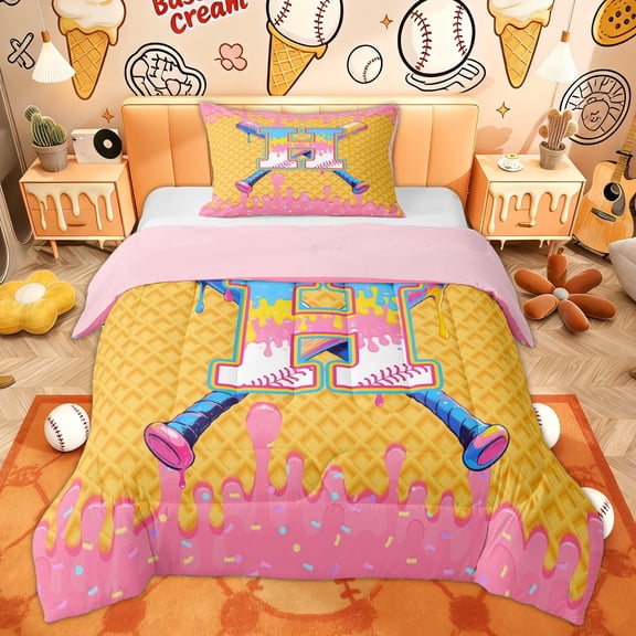 Erosebridal Ice Cream Baseball Kids Twin Comforter Sets, Kawaii X Letter Bedding Set, Pink, 2 Pieces