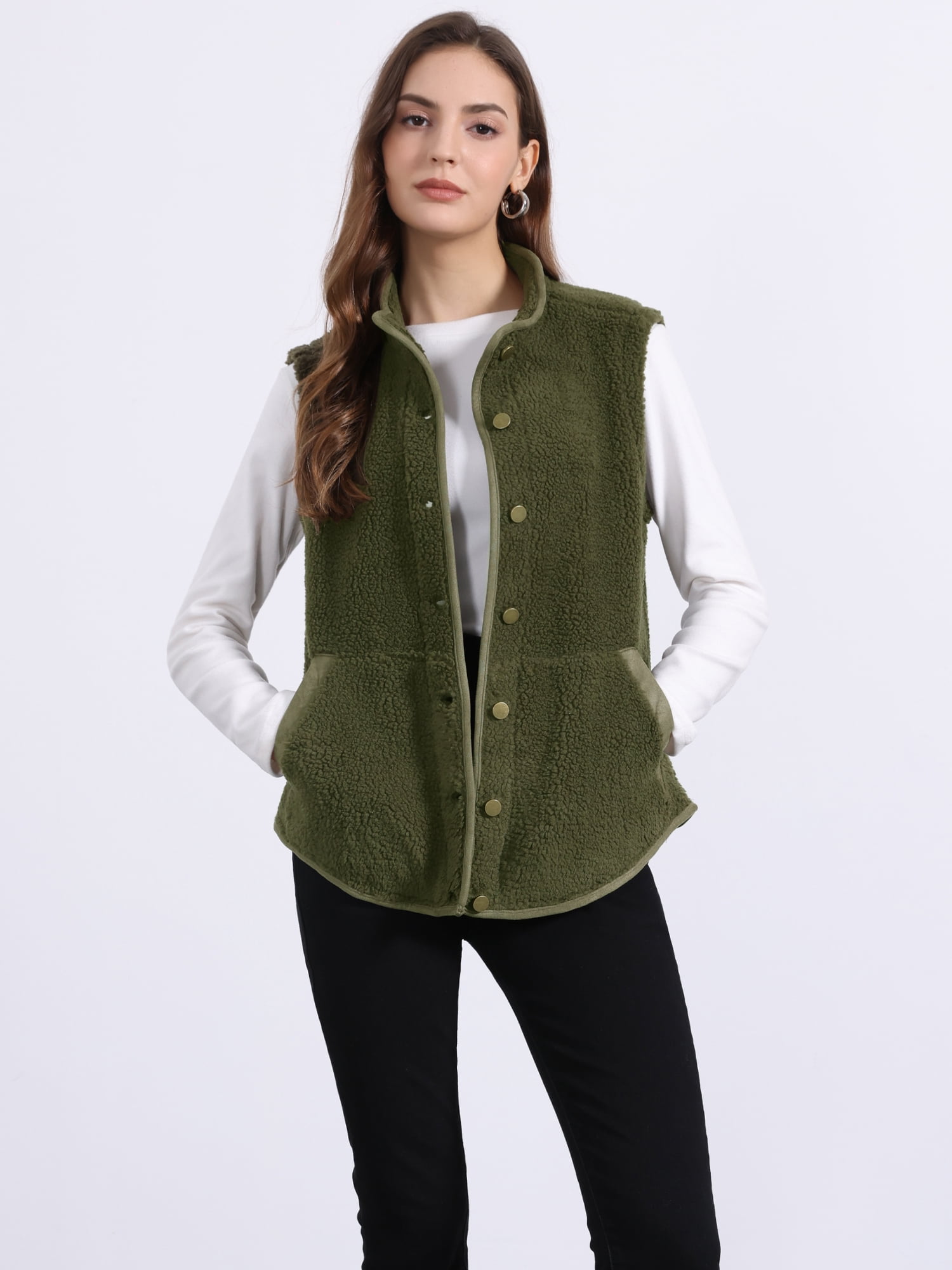 DARING DIVA Women's Fleece Button Down Jacket with Pockets Oversized Fuzzy Vests M Army Green