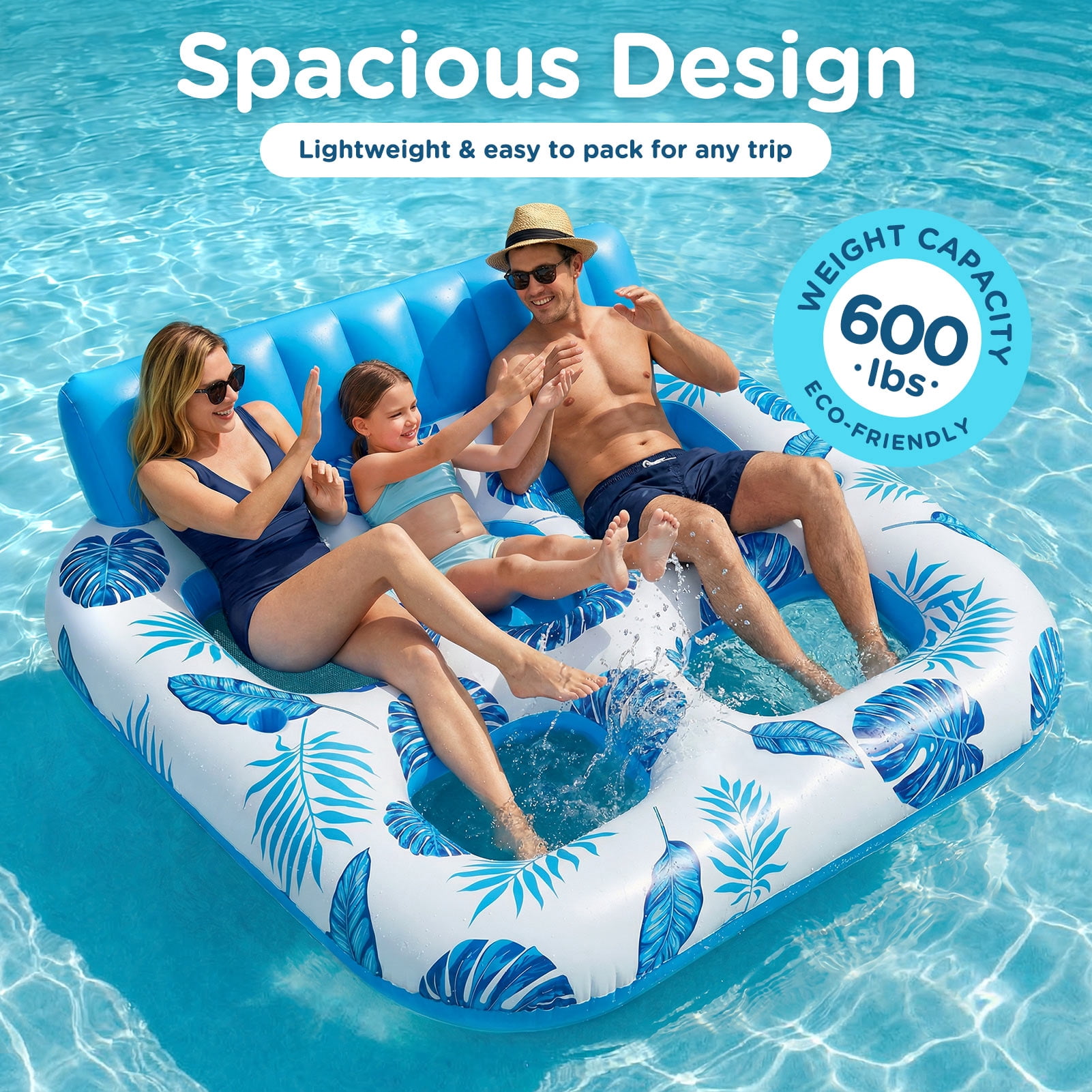 Livhil Inflatable Pool Float, 2 Person Pool Floats for Adults, Double Inflatable Lounger Pool Raft with Backrest & Cup Holders, Summer Water Fun for Pool Beach Lake, Blue
