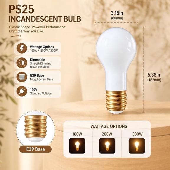 PS25 3-Way Incandescent Light Bulb, E39Base, 100/200/300 Watt, Soft White, 2-Pack