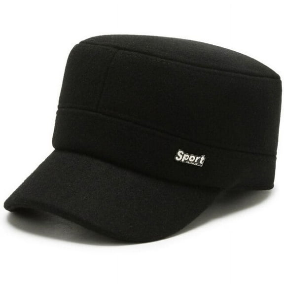 SikaFu Men Winter Cap New Flat Top Wool Baseball Hat Male Solid Black Grey Baseball Cap Elder Man Adjustable Dad Hat Earflap Cap