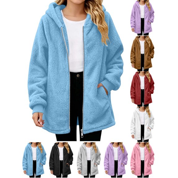 Ndbuld Girls Fuzzy Fleece Jacket Children's Winter Solid Color Leisure Fashion Fleece-lined Warmth Long Sleeve Hooded Casual Outwear Jackets Kids 5-15Years