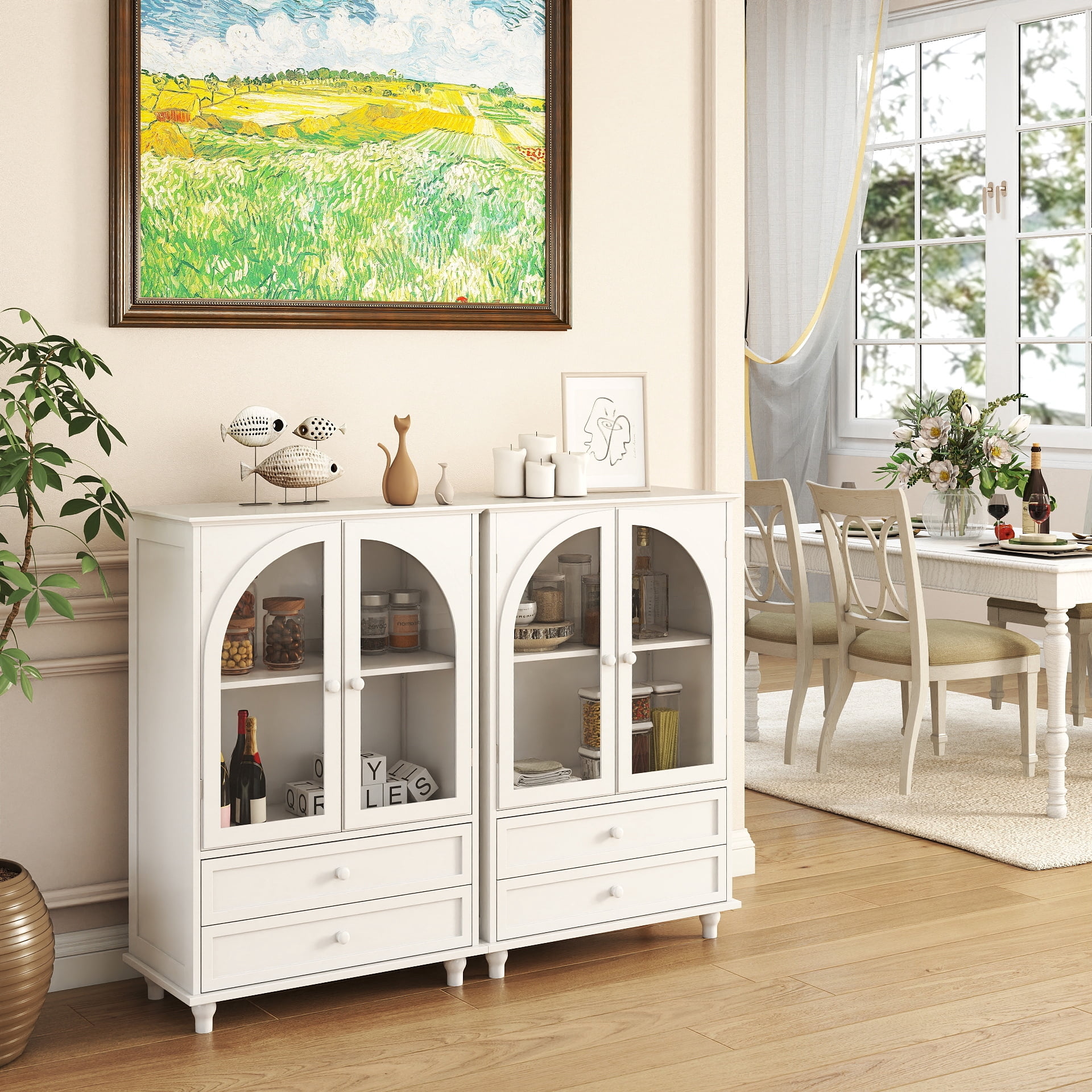 Farmhouse Storage Cabinet, Arched Tempered Glass Door Buffet Sideboard with Tiered Top, 2‑Drawer Pantry Cabinet for Kitchen Dining Living Room Entryway Coffee Bar