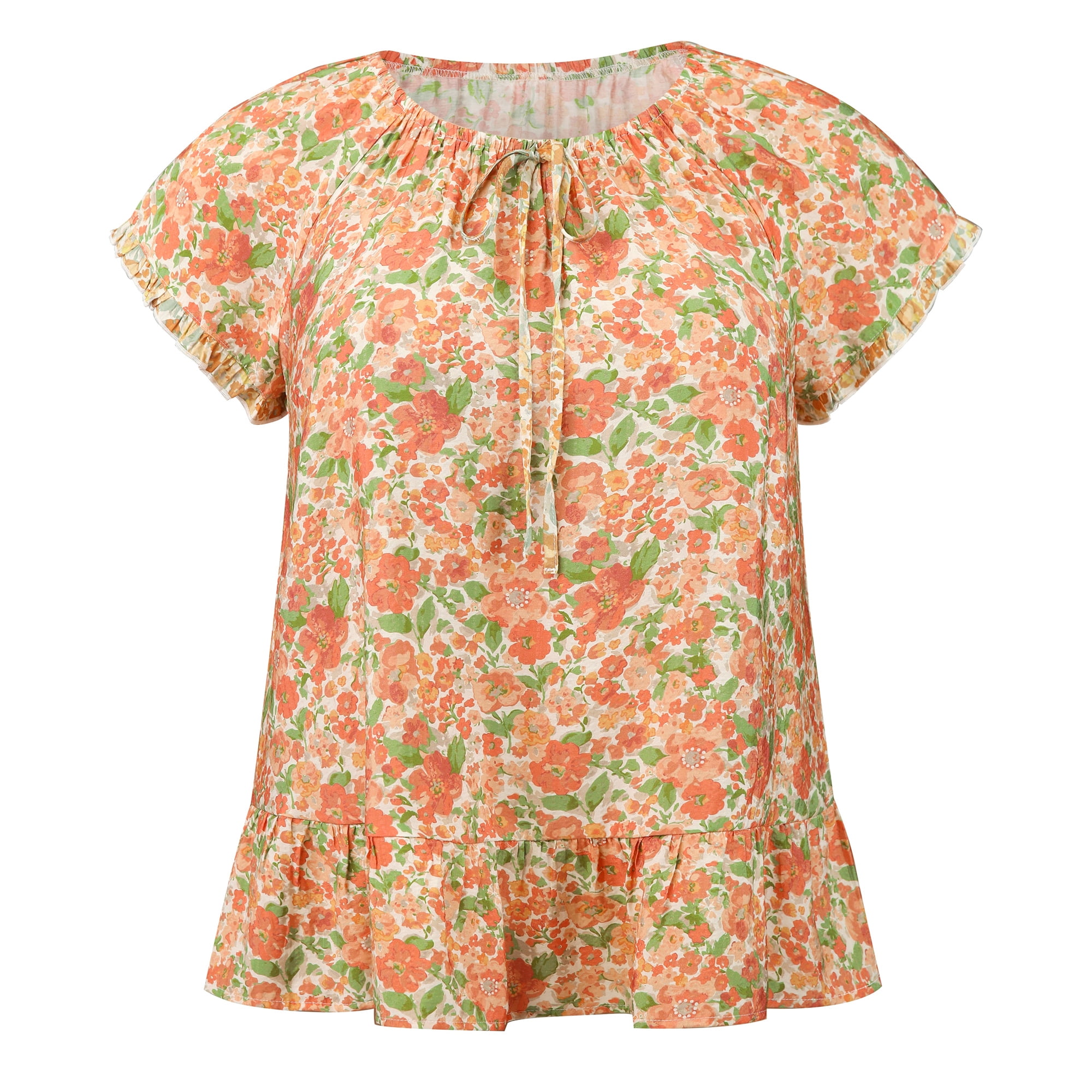 DARING DIVA Women's Plus Floral Ruffle Sleeve Tie Neck Blouses Top 1X Orange