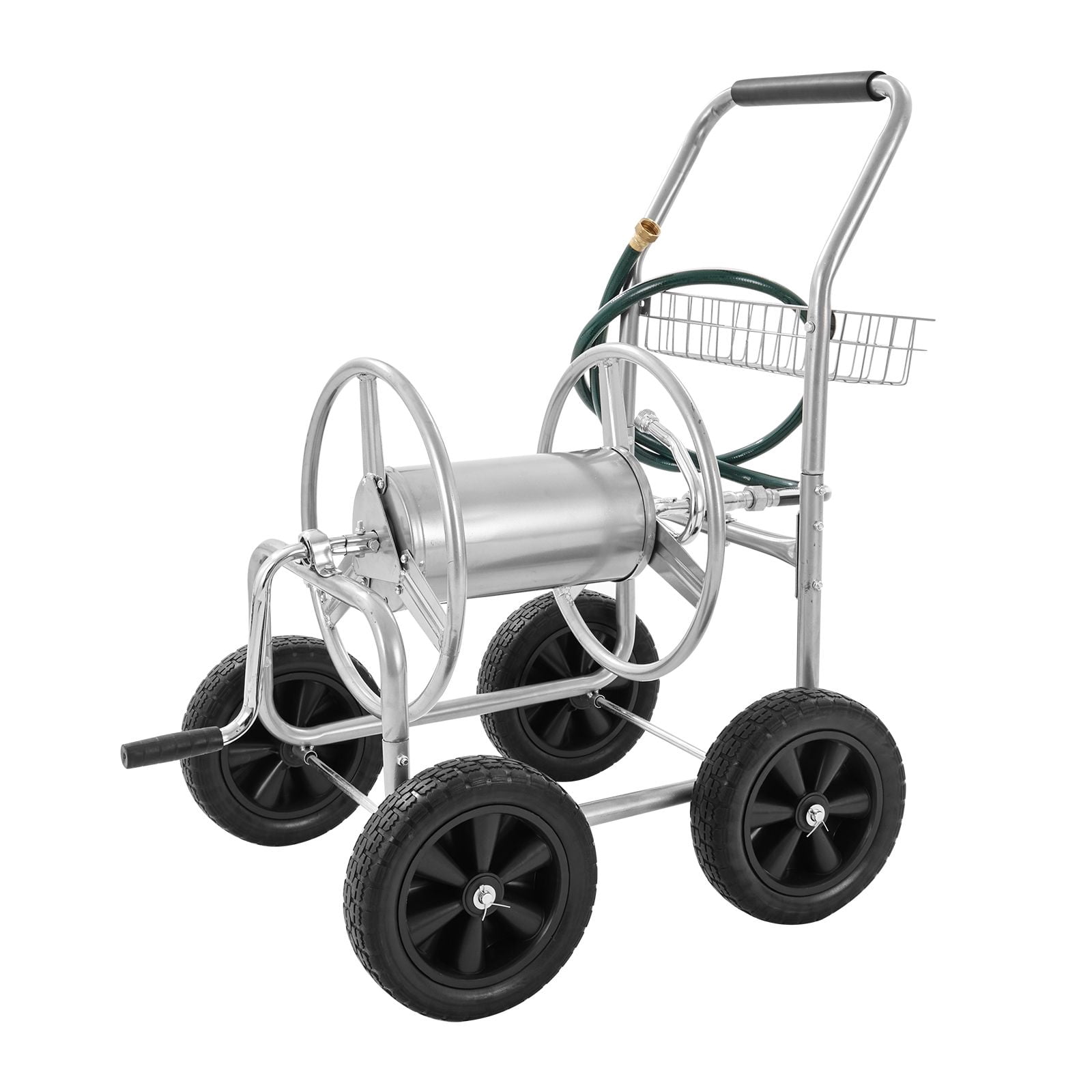 Hose Reel Cart, 250ft 5/8'' Hose Holder, Garden Water Hose Reel with 4 Wheels, Heavy Duty Steel Outdoor Hose Storage Cart with Basket, for Yard, Lawn