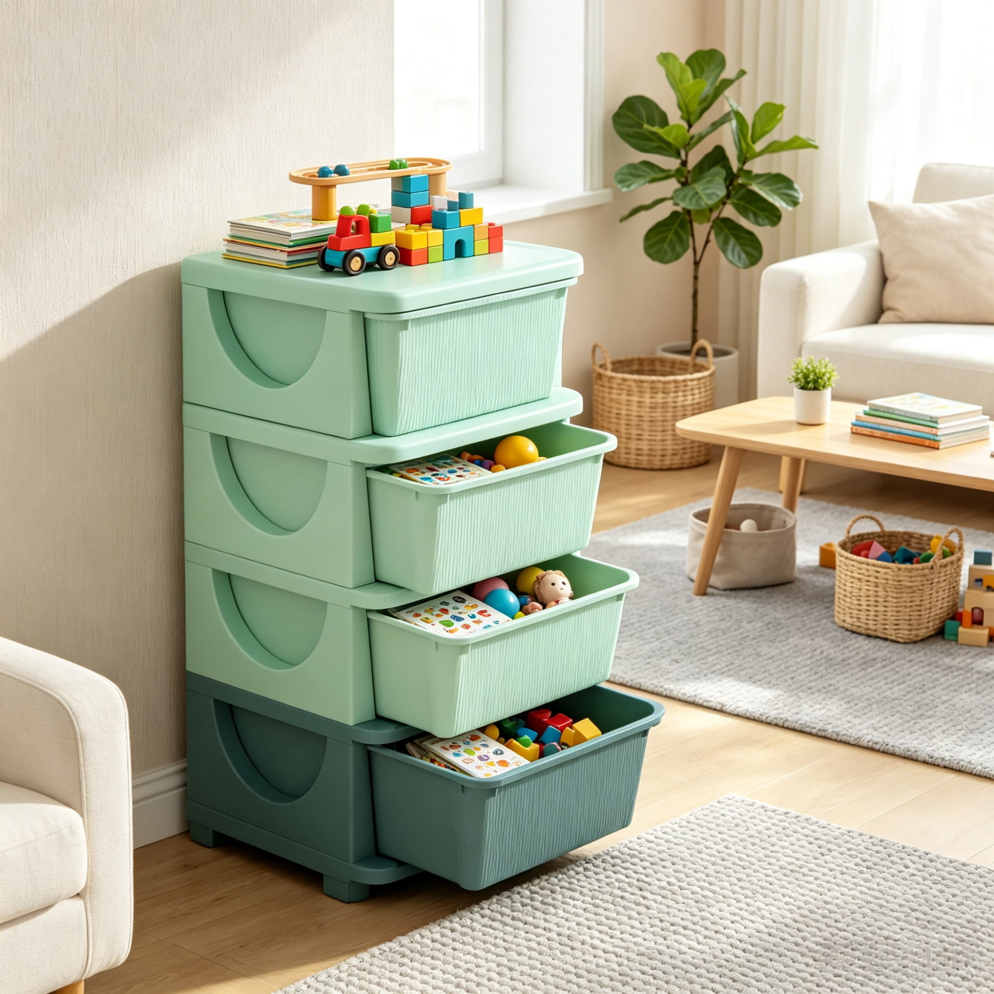4-Drawer Toy Storage Cubby with 16L Capacity for Kids Bedroom