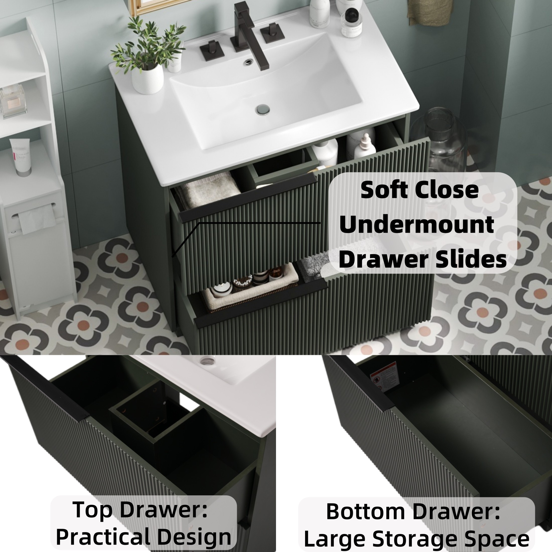 Christopher Knight Home 30" Bathroom Vanity with Ceramic Sink and Soft Close Drawers, Fluted Design, Green