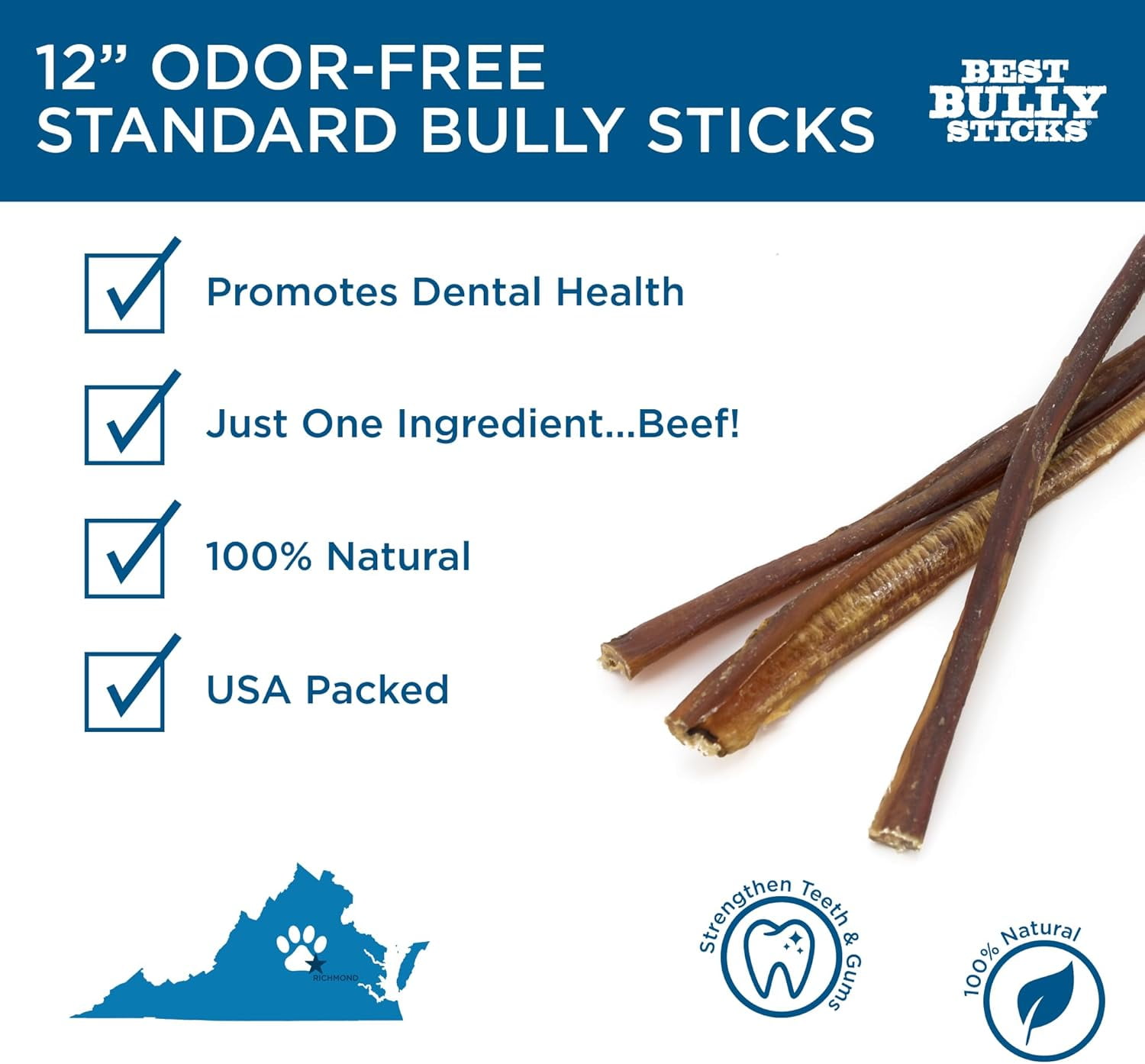 Best Bully Sticks 12 Inch Odor-Free Bully Sticks for Dogs - 12 Count (Pack of 1) - 100% Natural Grass-Fed Beef, Easily Digestible, No Grain or Rawhide - Large Breeds