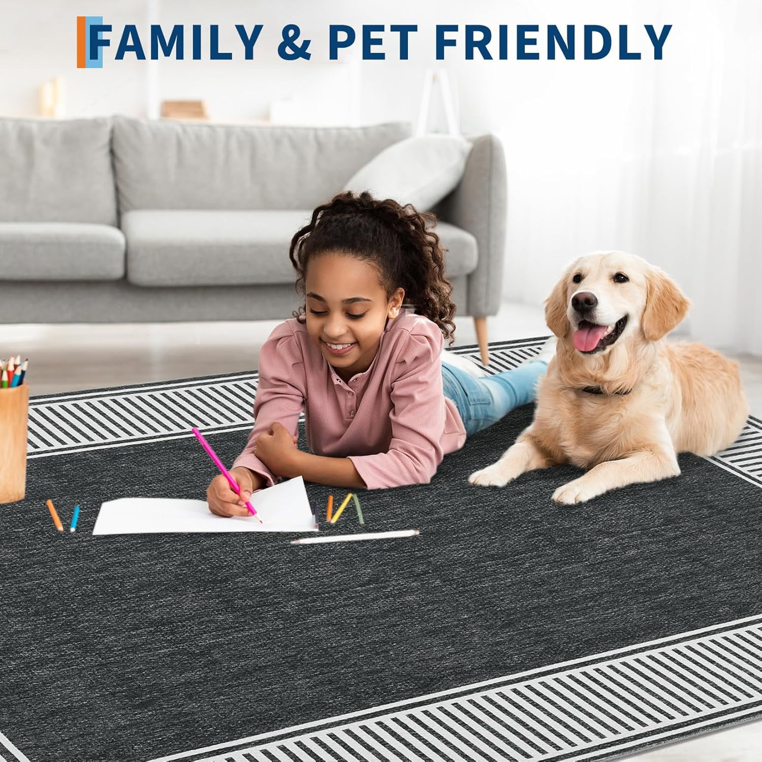 Memoryfield Modern Bordered 10' x 13' Area Rug, Washable Soft Non Slip Low Pile Stain Resistant Carpet Rugs, for Living Room Dining Room, Black