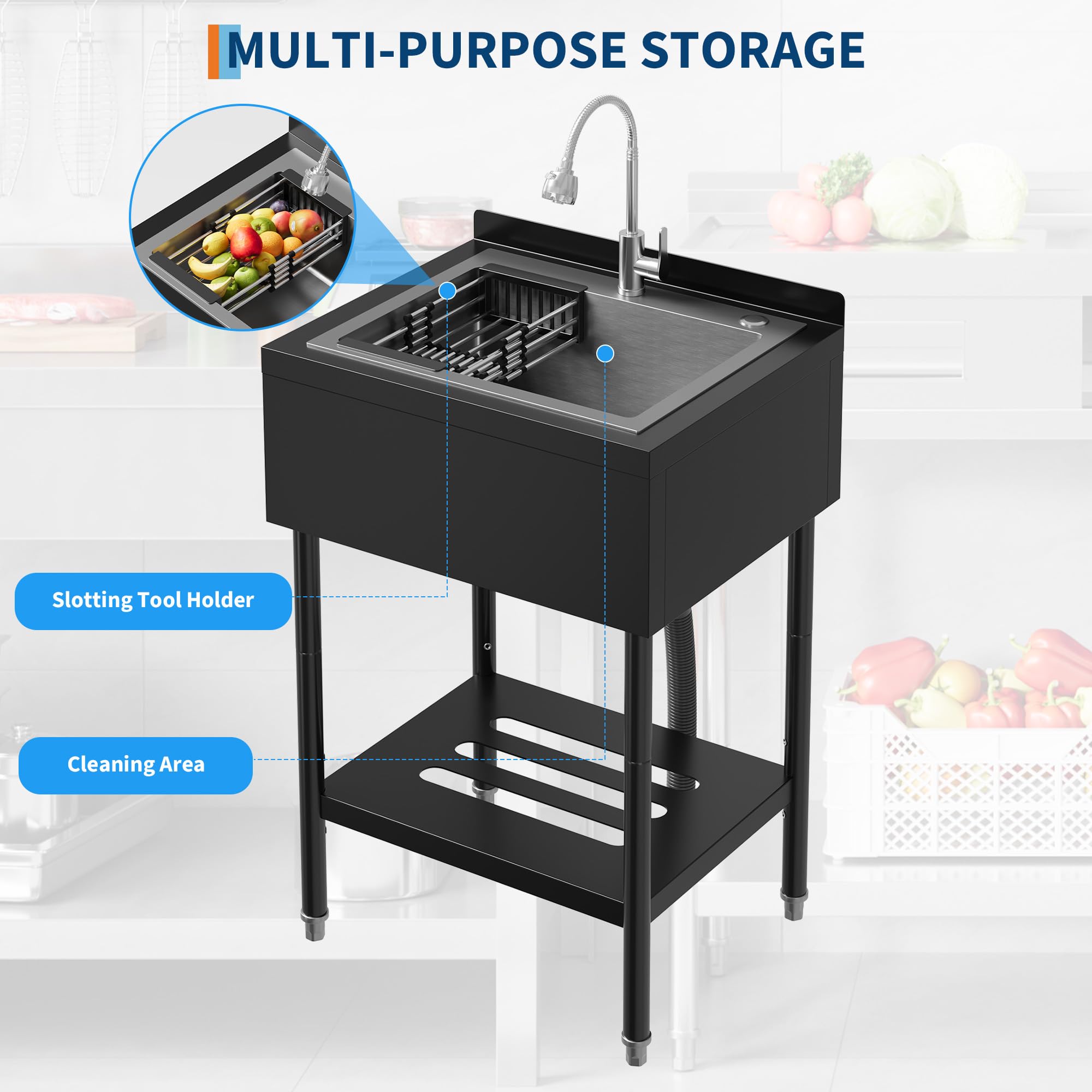Freestanding Commercial Stainless Steel Utility Sink 26" Single Bowl with Black Powder Coated Finish, Hot & Cold 360° Swivel Faucet Garage, Outdoor
