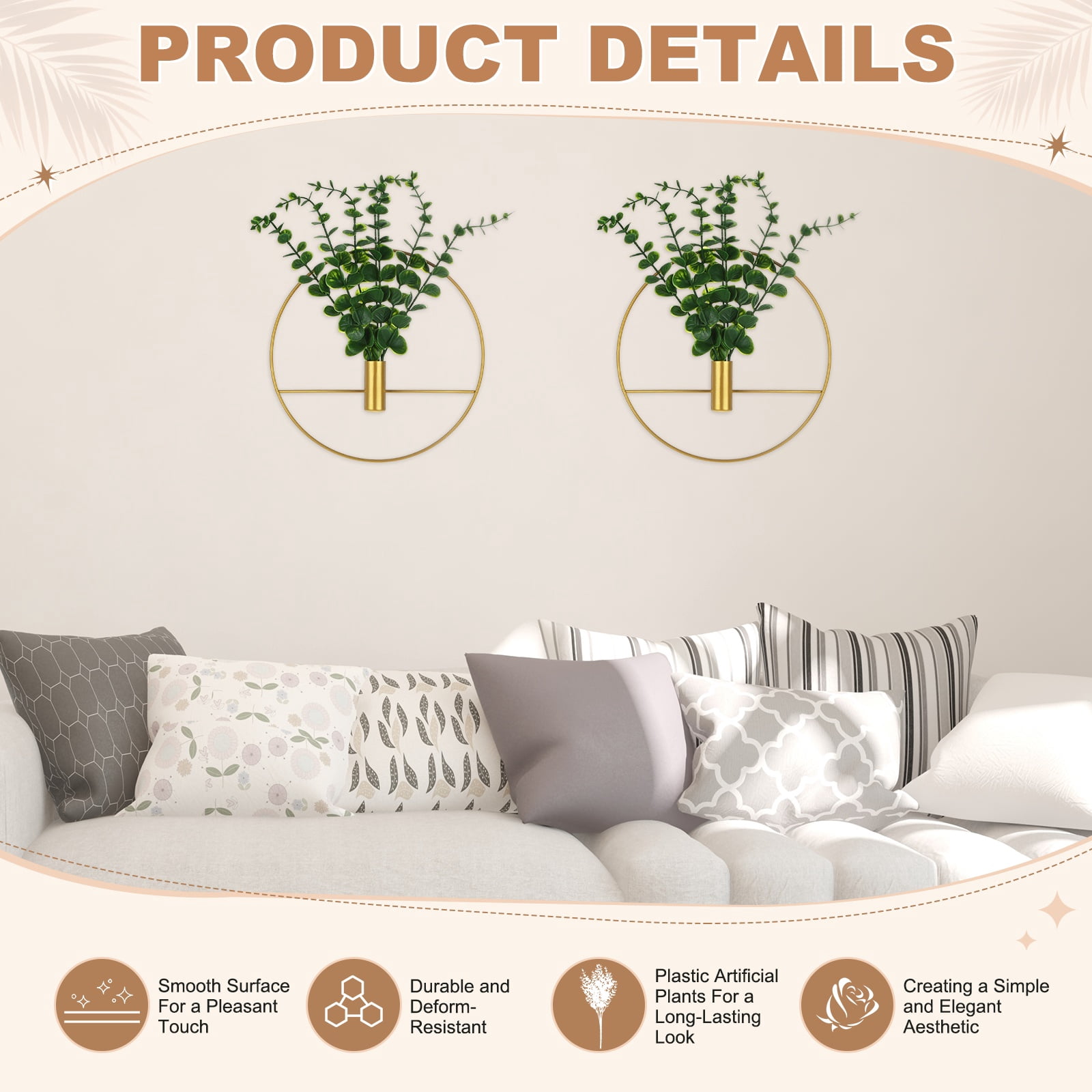 Uxcell 2 Set Plant Wall Decor, Hanging Planters with Artificial Eucalyptus Metal Hanging Vase Round Shape for Room [Golden]