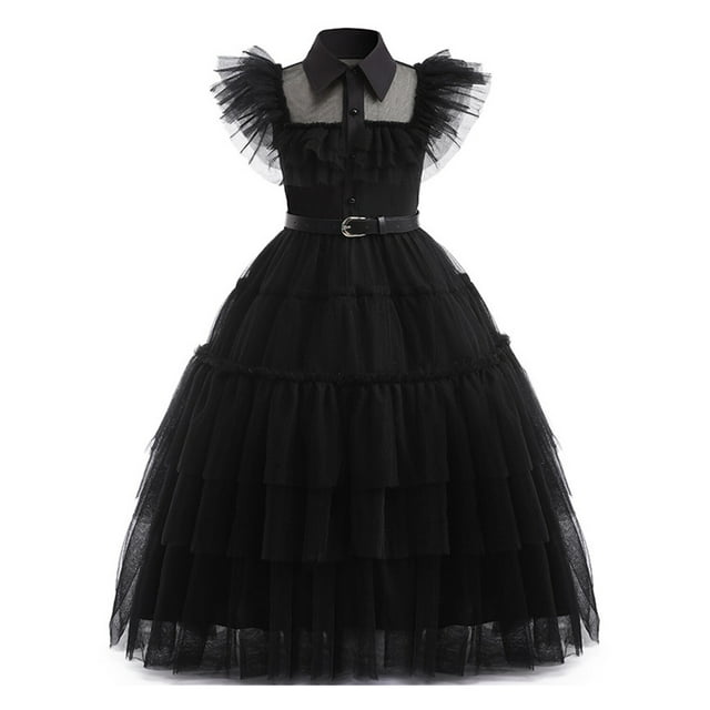 HAWEE Costume de Wednesday Addams pour Filles Robe d'Addams, Costumes d'Addams Robe de Fête Cosplay d'Halloween 4-13 Ans