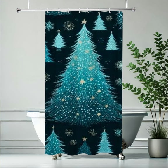 RKSupls Christmas Shower Curtain, Teal Xmas Trees Winter Shower Curtain with Hooks for Christmas Home Bathroom Decor Washable Curtains, 36x72 in