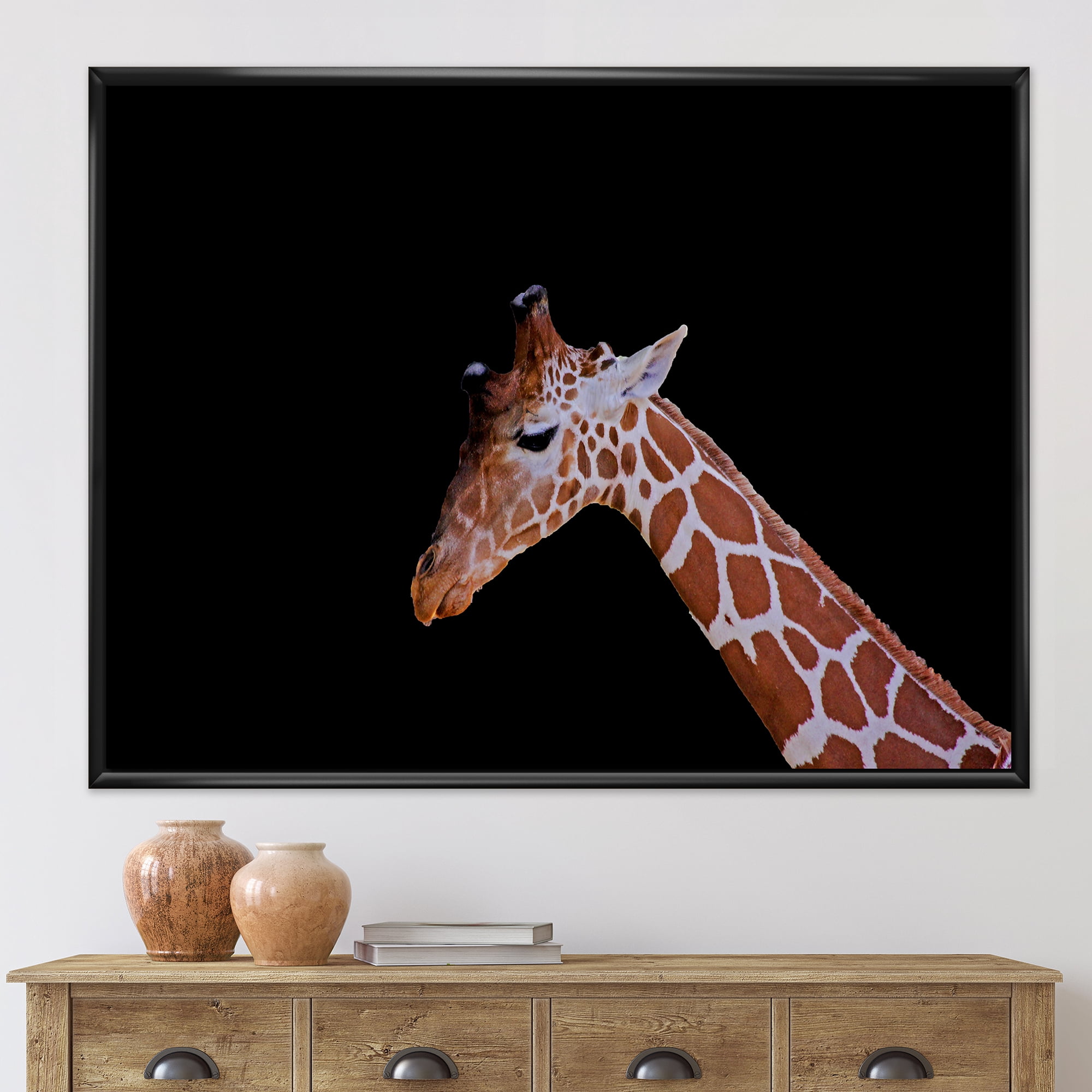 Designart 'Portrait of A Giraffe On Black Background I' Farmhouse Framed Canvas Wall Art Print