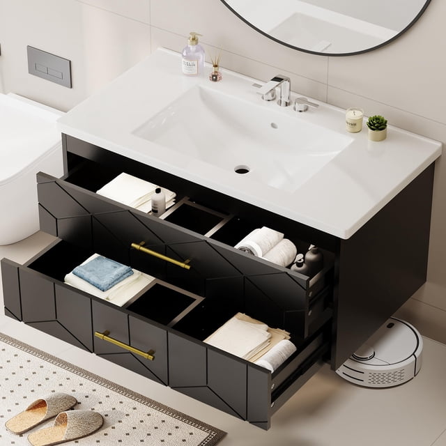 36 inch Bathroom Vanity with Sink Combo, Floating Bathroom Vanity with Ceramic Basin, 2 Large Drawers with Gold Handle, Soft-Close Design, Easy Assembly, Black