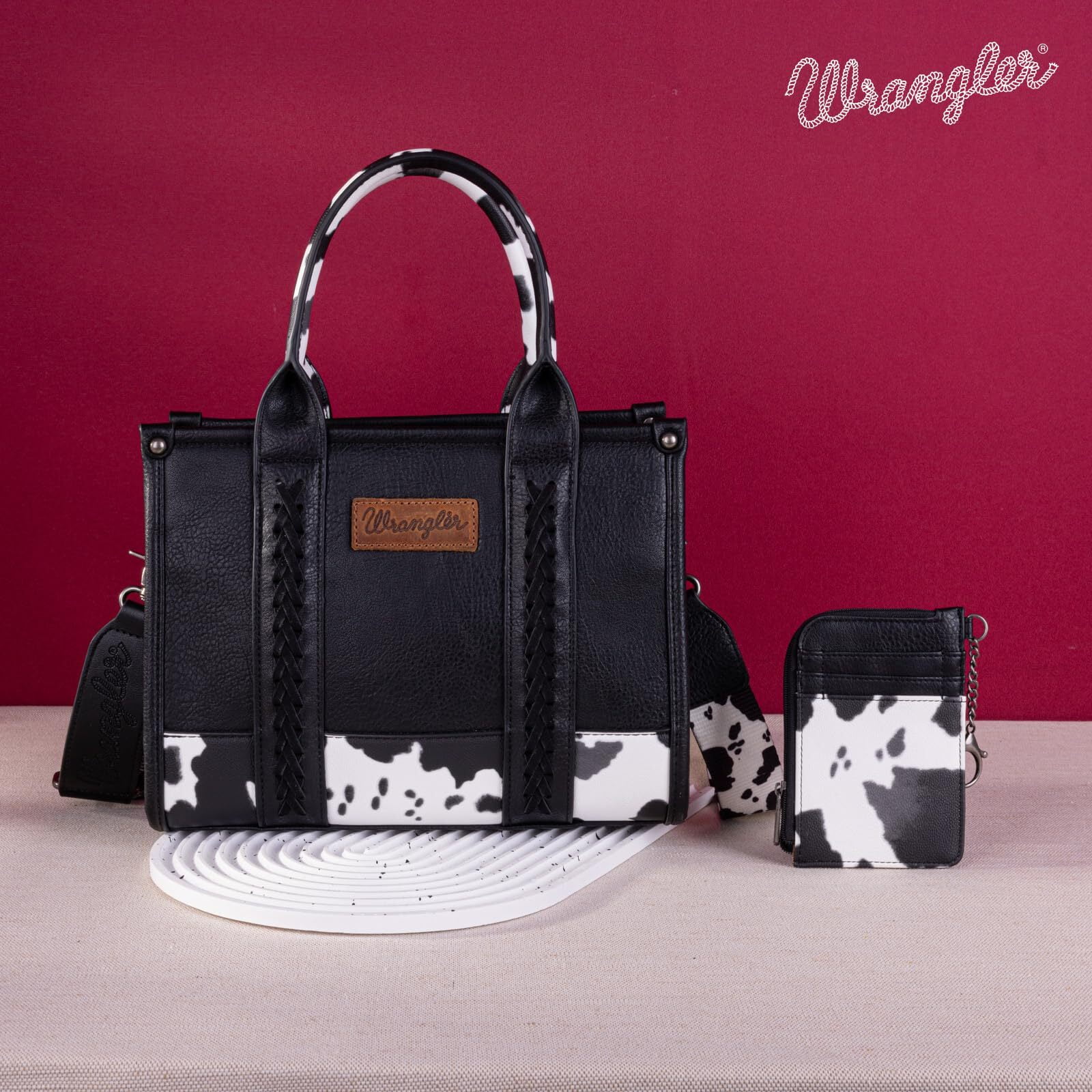 Wrangler Purse Medium Tote Bags for Women with Card Holder Wallet Designer Satchel Top-handle Handbags, Cow Print-Black