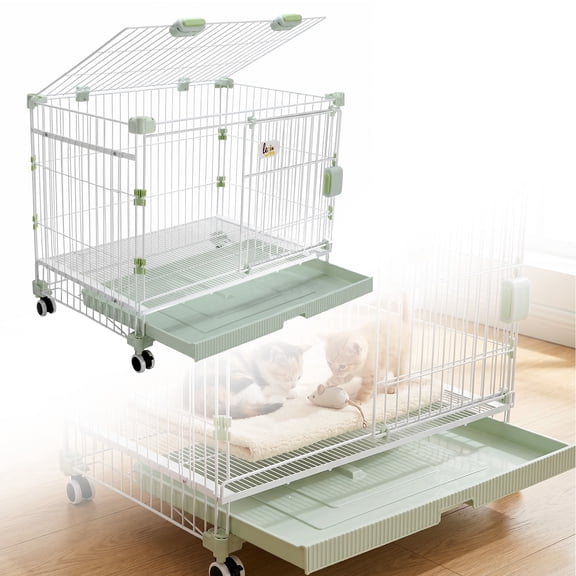 Zepkd Rabbit Cage with Pull-out Leakproof Tray, Wheels Folable Metal Pet Hutch House Detachable Indoor Cat Enclosure for Chinchillas Guinea Pig Small Animals 31.2*20.2*26.1in