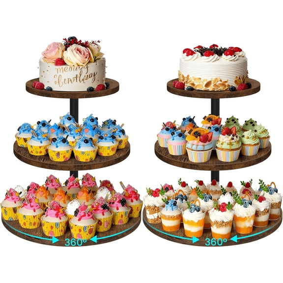 3 Tier Cupcake Stand for 50 Cupcakes, Rotating Wooden Cake Stand, Rustic Dessert Display Tower with Tiered Trays, Round Cupcake Holder for Wedding Birthday Baby Shower Tea Party, 2 Pack