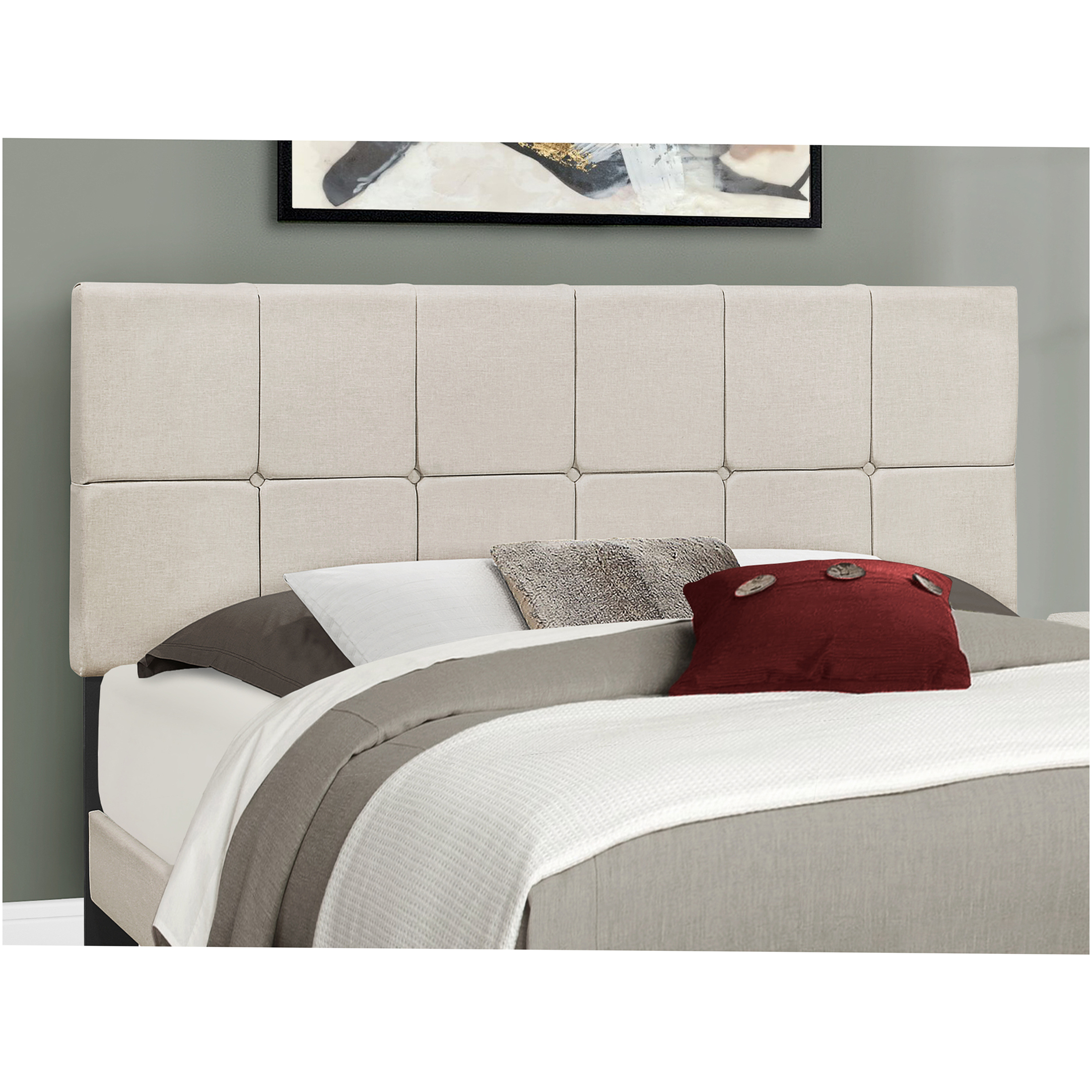 JERFIT Queen Upholstered Platform Bed Frame with Button Tufted Headboard, Beige Linen Fabric, Solid Wood Legs Support