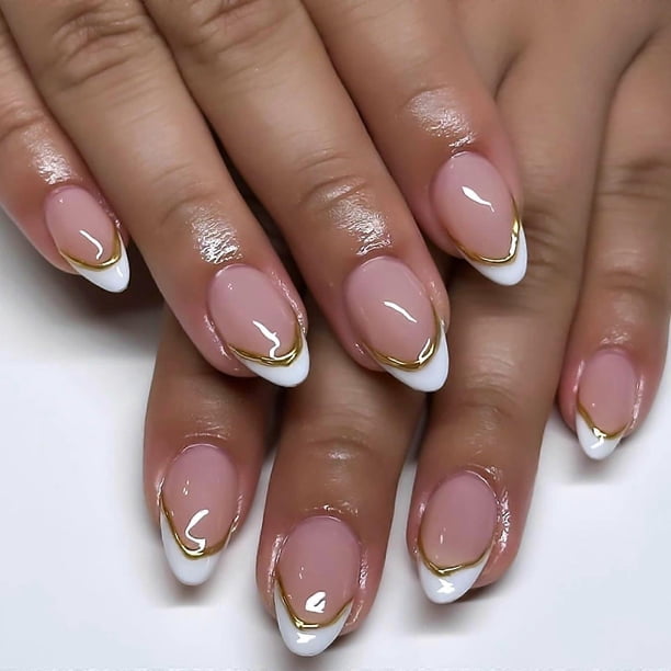 Uñas postizas almendradas blancas con punta francesa, cortas, color rosa nude con rayas doradas 3D, 24 unidades.
